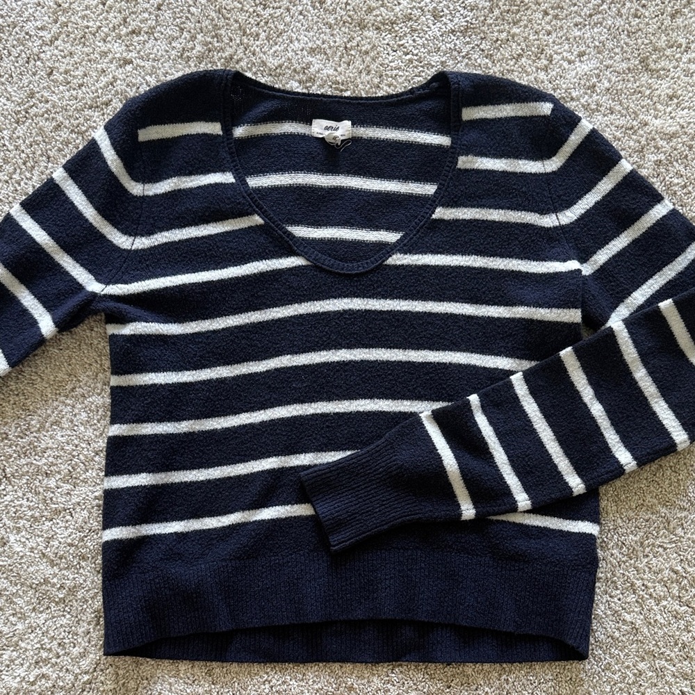 Aerie Navy and White Striped V-Neck Sweater